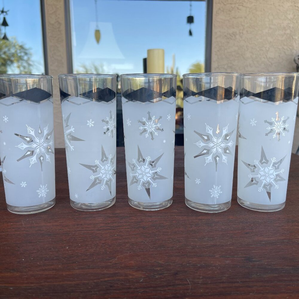 Atomic Libbey Tom Collins Snowflake Black/White Diamond Frosted Glasses - Set 5